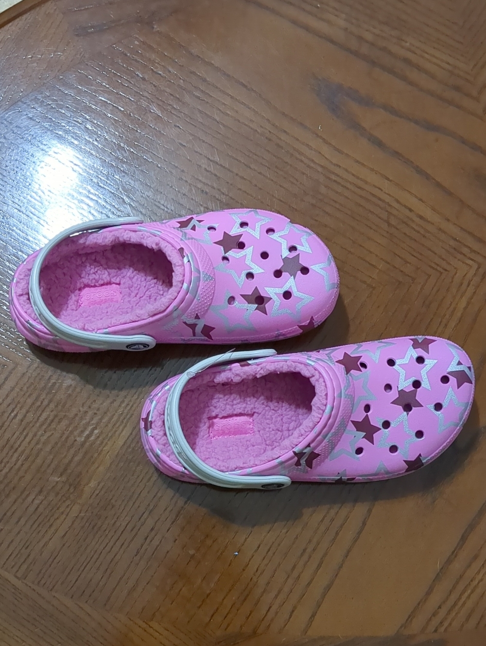 CROCS Pink Star-Pattern Fleece Clogs with Silver Strap